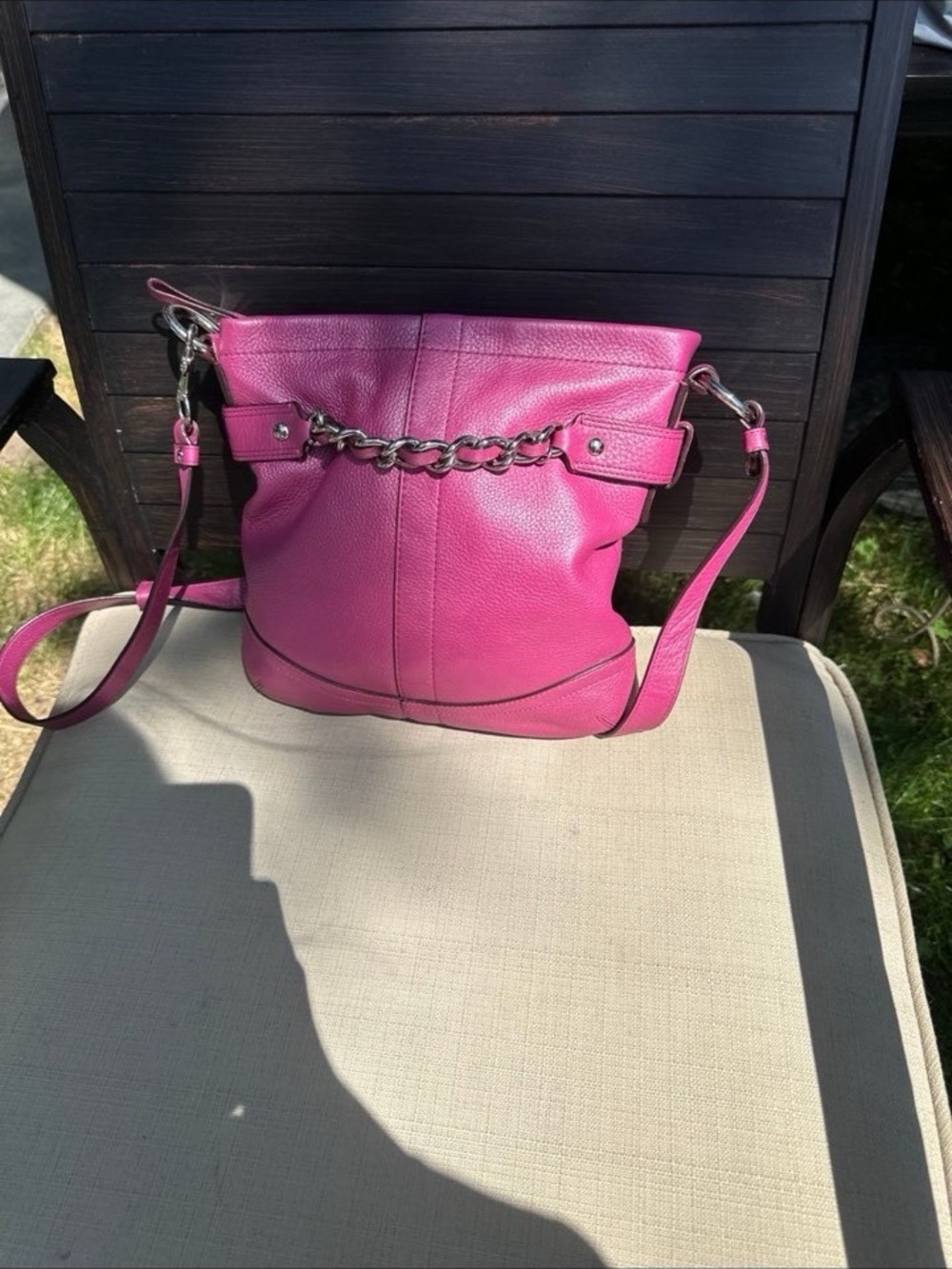 Coach Fuchsia Pebbled Leather Shoulder Bag with Chain Detail